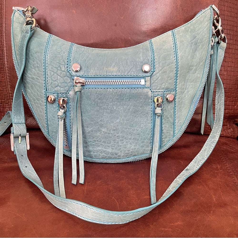 Botkier Croc Embossed Leather Crossbody Bag With Tassels In Light Blue Color - Picture 5 of 10